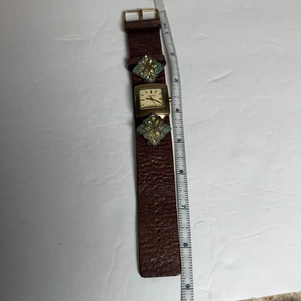 Vintage Fossil JR-8835 Brown Leather Cuff Watch Southwestern Rhinestone AS IS